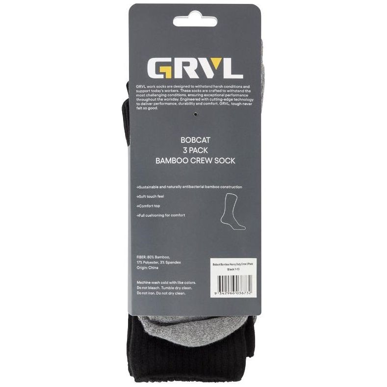 GRVL Bobcat Bamboo Black Heavy Duty Crew Socks - Pack of 3 (GRVLS3) - Ace Workwear