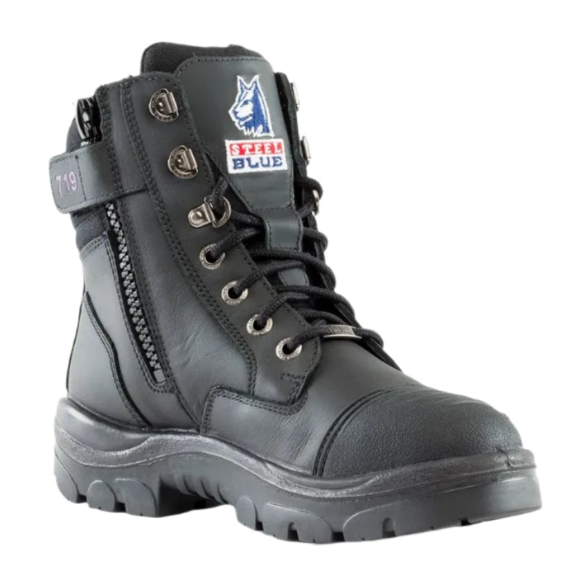 Steel Blue Black Ladies Southern Cross Zip Sided Lace Up Steel Toe Cap Safety Boot With Scuff Cap (512719) (Pre-Order) - Ace Workwear