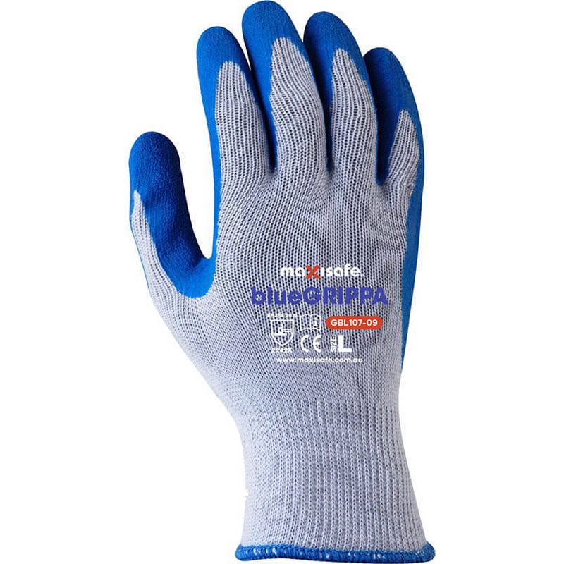 Maxisafe Blue Grippa Glove - Knitted Poly Cotton, Blue Latex Dipped Palm (Carton of 120 Pairs) (GBL107) - Ace Workwear