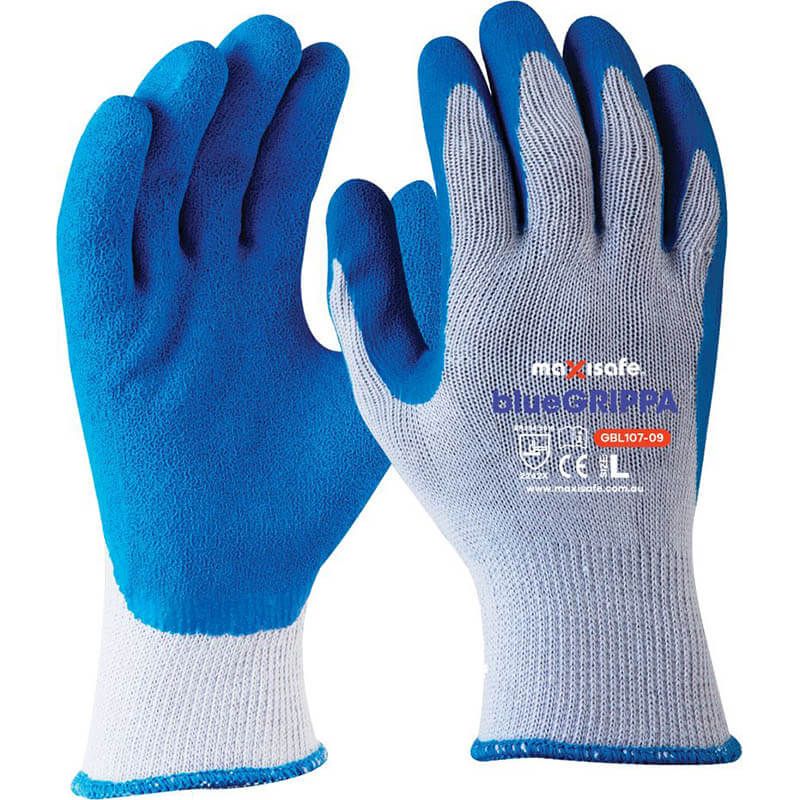 Maxisafe Blue Grippa Glove - Knitted Poly Cotton, Blue Latex Dipped Palm (Carton of 120 Pairs) (GBL107) - Ace Workwear