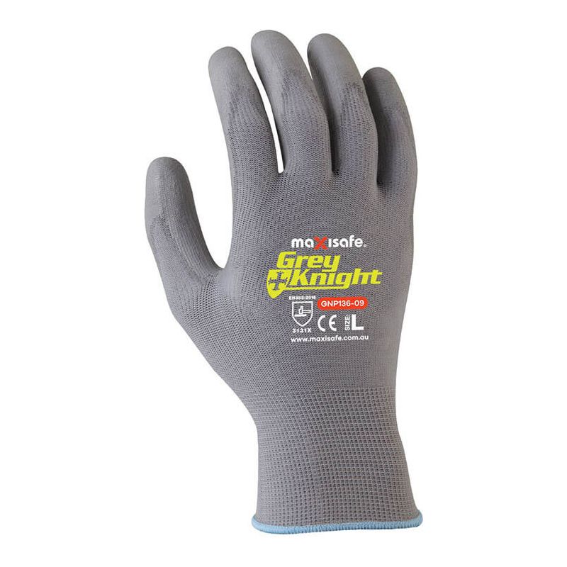 Maxisafe Grey Knight Nylon PU Coated Nylong Glove (Carton of 120) (GNP136) - Ace Workwear