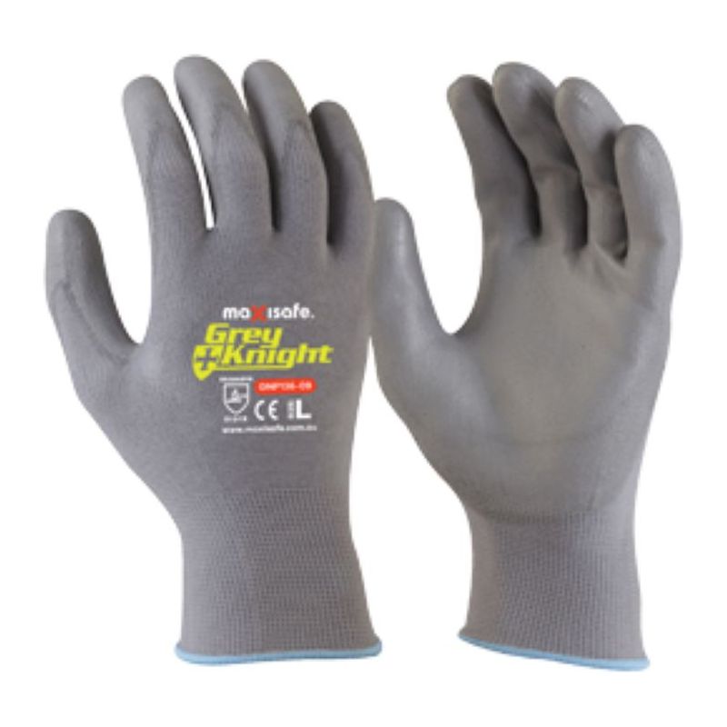 Maxisafe Grey Knight Nylon PU Coated Nylong Glove (Carton of 120) (GNP136) - Ace Workwear