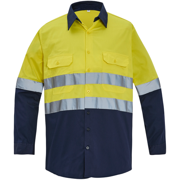 Yellow/Navy Hi Vis Long Sleeve Cotton Drill Shirt With Reflective Tape (Clearance)