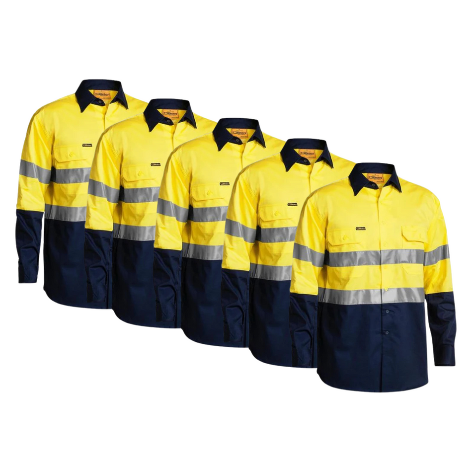 Tradies Value Pack - 5x Bisley Two Tone Hi Vis Lightweight Gusset Cuff Shirt With Reflective Tape (BS6896)