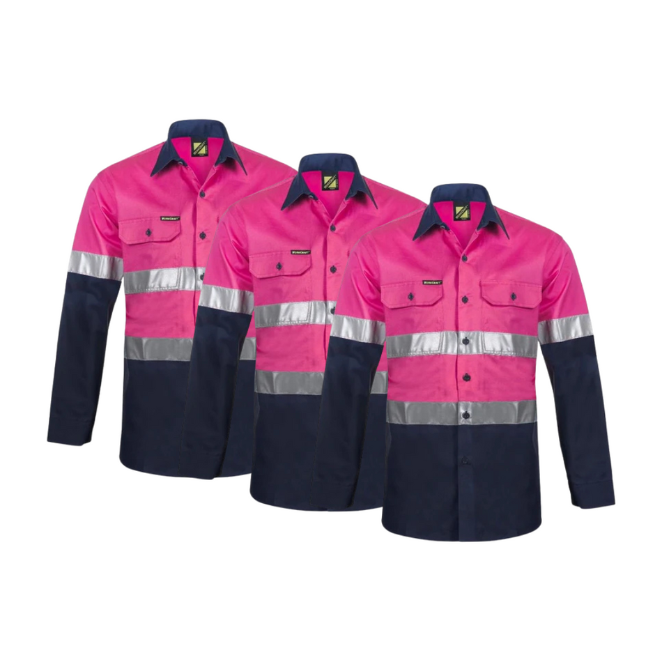 Tradies Value Pack - 3x Workcraft Lightweight Two Tone Long Sleeve Vented Cotton Drill Shirt With CSR Reflective Tape - Night Use Only (WS4132)