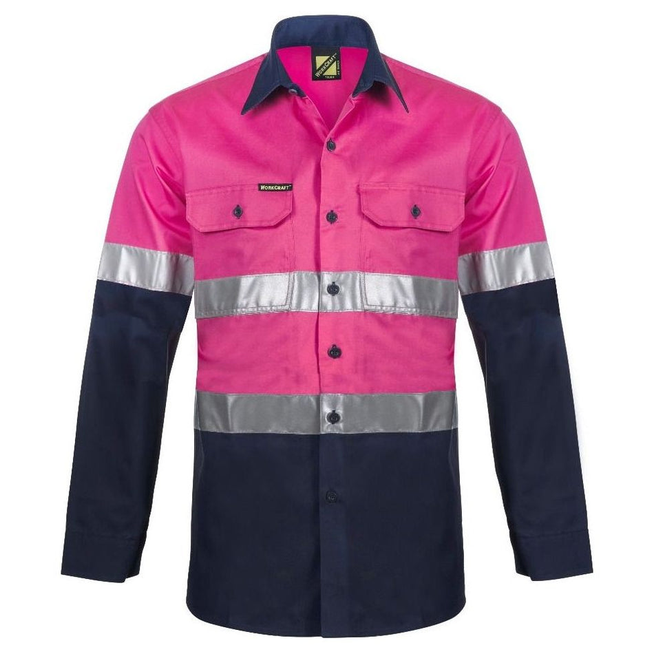 Workcraft Lightweight Two Tone Long Sleeve Vented Cotton Drill Shirt With CSR Reflective Tape - Night Use Only (WS4132)