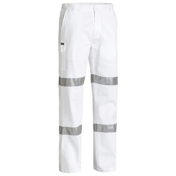 Bisley Double Hoop Taped Flat Front Cotton Drill White Work Pants (BP6808T)