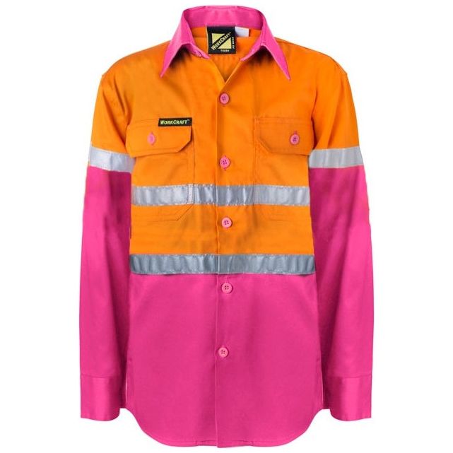 Workcraft Kids Lightweight Hi Vis Long Sleeve Reflective Cotton Drill Shirt With Tape (WSK125)