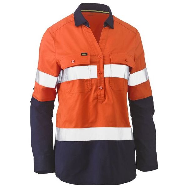 Bisley Womens Long Sleeve Taped Hi Vis Stretch V-Neck Shirt (BLC6064T) - Ace Workwear