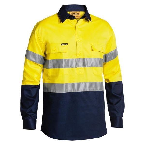 Bisley Two Tone Closed Front Hi Vis Long Sleeve Drill Shirt With Reflective Tape (BTC6456) - Ace Workwear