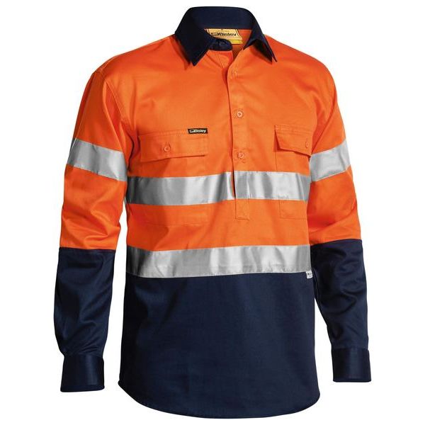 Bisley Two Tone Closed Front Hi Vis Long Sleeve Drill Shirt With Reflective Tape (BTC6456) - Ace Workwear