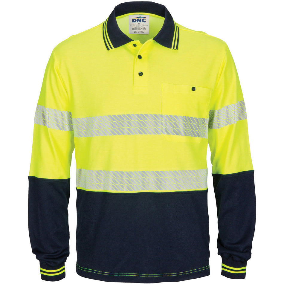 DNC Hi Vis Segment Taped Cotton Backed Polo - Long Sleeve (3518) Hi Vis Polo With Tape DNC Workwear - Ace Workwear