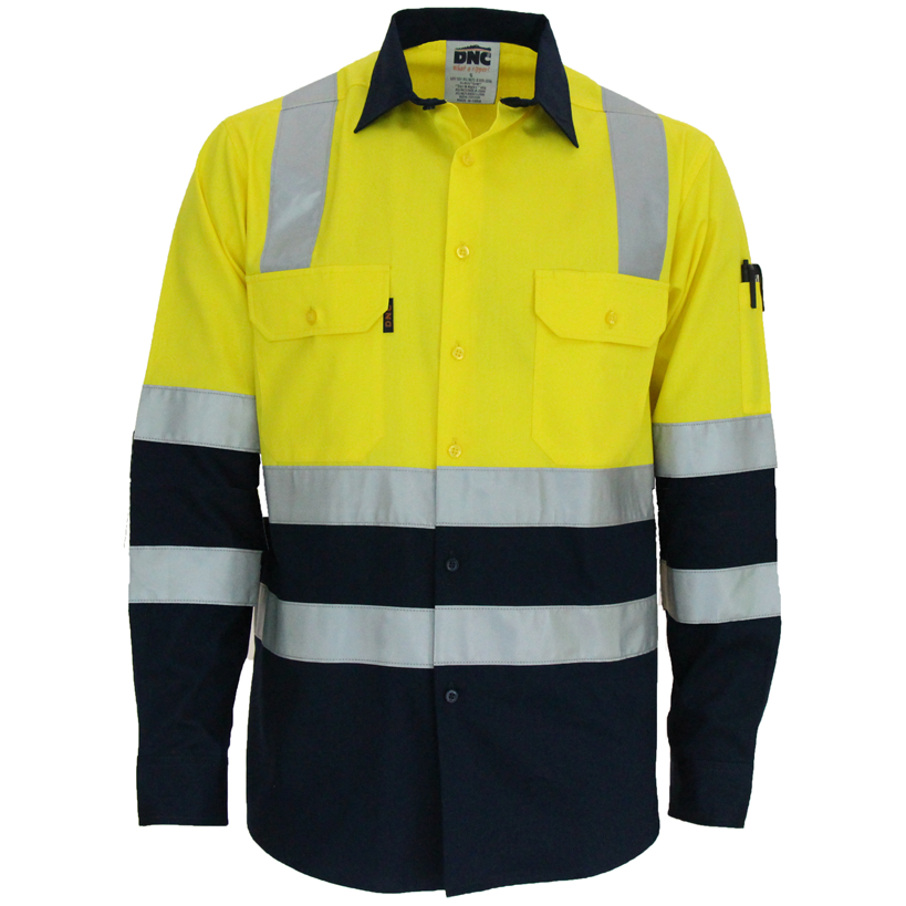 DNC Hi Vis 2 Tone Light Weight Cotton Bio-Motion "X" Back Shirt with Reflective Tape Long Sleeve (3547) Hi Vis Shirts With Tape DNC Workwear - Ace Workwear