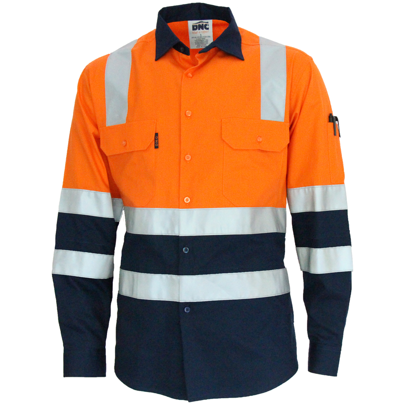 DNC Hi Vis 2 Tone Light Weight Cotton Bio-Motion "X" Back Shirt with Reflective Tape Long Sleeve (3547) Hi Vis Shirts With Tape DNC Workwear - Ace Workwear