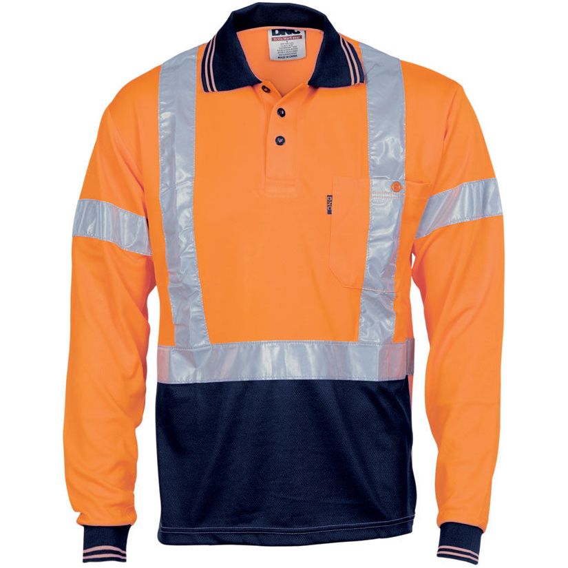 DNC Hi Vis Day/Night Cool Breathe Polo Shirt with Cross Back R/Tape Long Sleeve (3714) Hi Vis Polo With Tape DNC Workwear - Ace Workwear