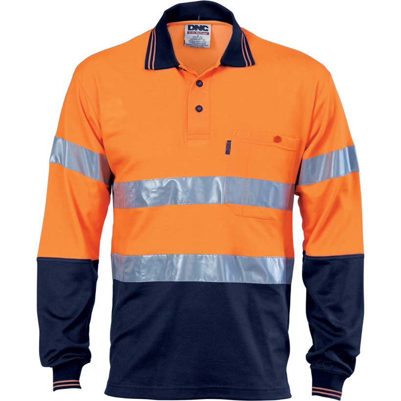 DNC Hi Vis Two Tone Cotton Back Polos with Reflective Tape Long Sleeve (3718) Hi Vis Polo With Tape DNC Workwear - Ace Workwear