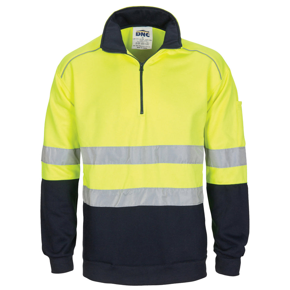 DNC Hi Vis 1/2 Zip Fleecy Jumper with Hoop Pattern CSR Reflective Tape (3729) Hi Vis Half Zip Jumpers DNC Workwear - Ace Workwear