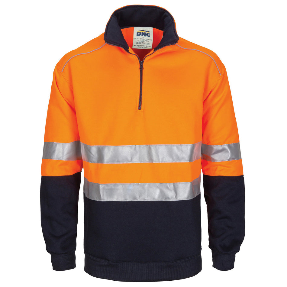 DNC Hi Vis 1/2 Zip Fleecy Jumper with Hoop Pattern CSR Reflective Tape (3729) Hi Vis Half Zip Jumpers DNC Workwear - Ace Workwear