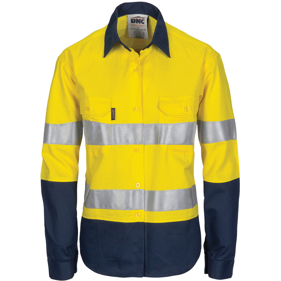 DNC Ladies HIVIS Cool-Breeze Cotton Shirt with CSR R/Tape - Long Sleeve (3786) Hi Vis Shirts With Tape DNC Workwear - Ace Workwear