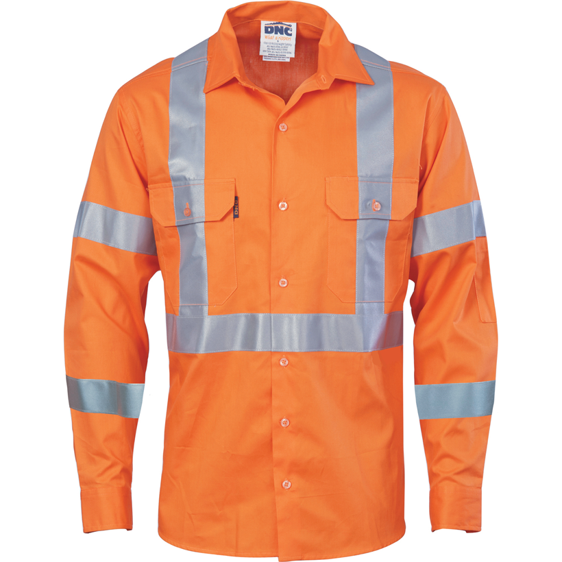 DNC Hi Vis NSW Rail Compliant Cotton Shirt With X Reflective Tape on Back Long Sleeve (3789) Hi Vis Shirts With Tape DNC Workwear - Ace Workwear