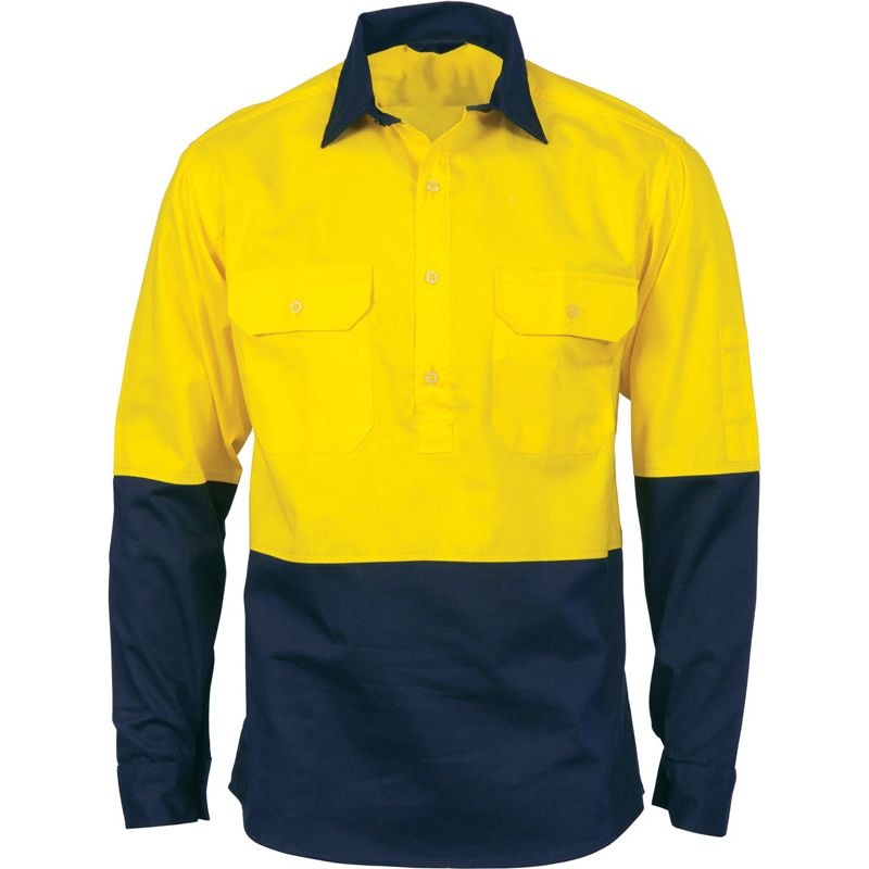 DNC Hi Vis Close Front Cotton Drill Shirt Long Sleeve With Gusset Sleeve (3834) Hi Vis Shirts DNC Workwear - Ace Workwear