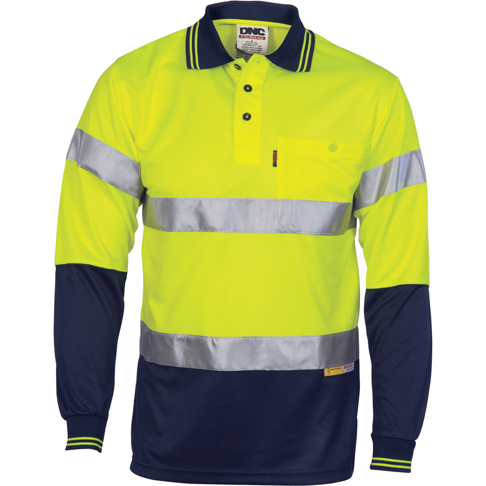 DNC Hi Vis D/N Cool Breathe Polo Shirt With 3M 8906 R/Tape - Long Sleeve (3913) Hi Vis Polo With Tape DNC Workwear - Ace Workwear