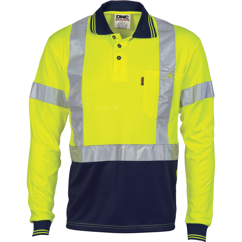 DNC Hi Vis D/N Cool-Breathe Polo Shirt With Cross Back R/Tape Long Sleeve (3914) Hi Vis Polo With Tape DNC Workwear - Ace Workwear