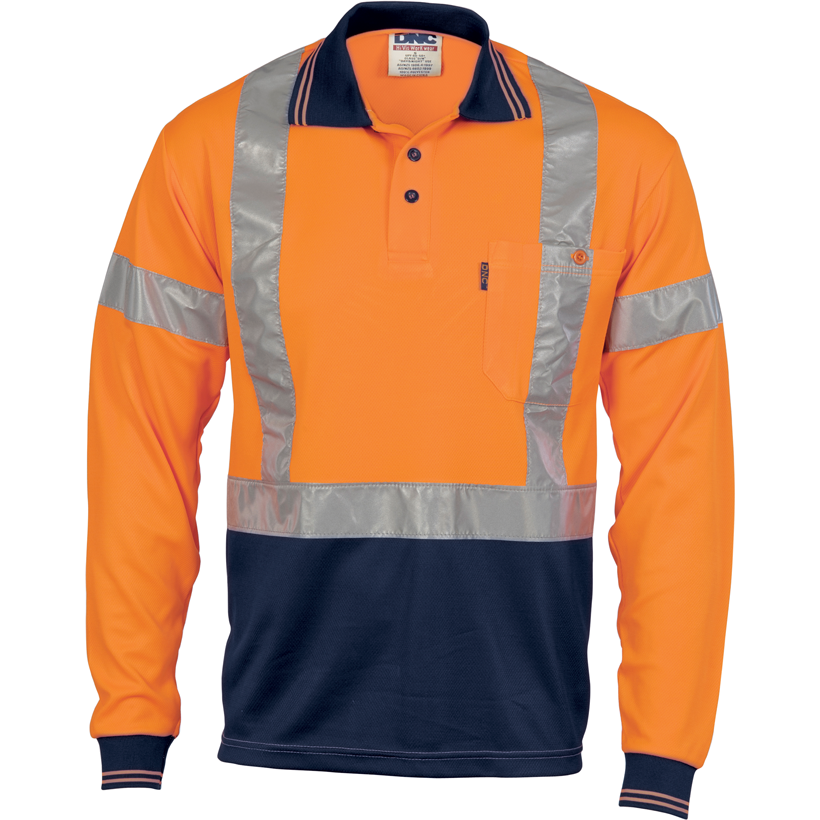 DNC Hi Vis D/N Cool-Breathe Polo Shirt With Cross Back R/Tape Long Sleeve (3914) Hi Vis Polo With Tape DNC Workwear - Ace Workwear