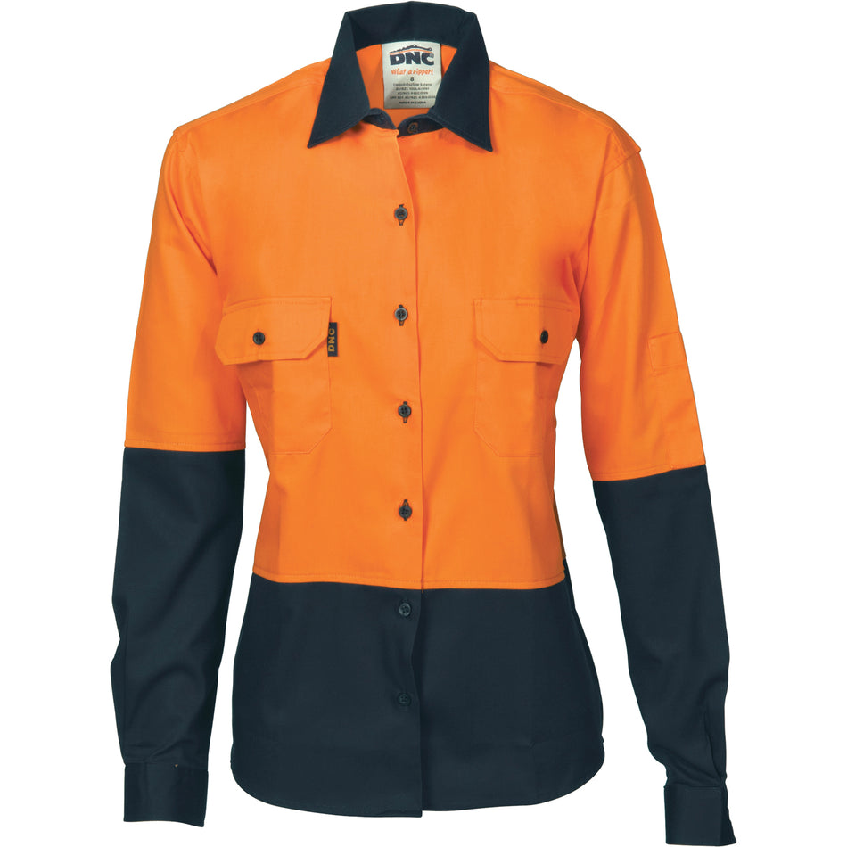 DNC Ladies HiVis Two Tone Cotton Drill Shirt - Long Sleeve (3932) Hi Vis Shirts DNC Workwear - Ace Workwear