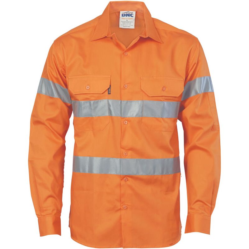 DNC Hi Vis Cool Breeze Cotton Shirt with Reflective Tape Long Sleeve (3967) Hi Vis Shirts With Tape DNC Workwear - Ace Workwear