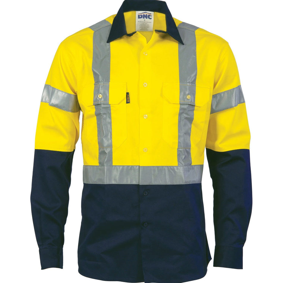 DNC Hi Vis D/N 2 Tone Drill Shirt with H Pattern Generic R/ Tape - Long Sleeve (3983) Hi Vis Shirts With Tape DNC Workwear - Ace Workwear