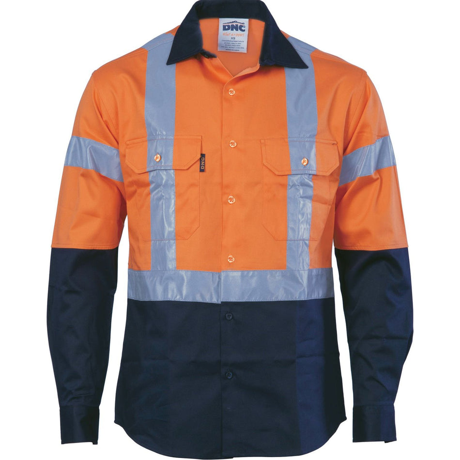 DNC Hi Vis D/N 2 Tone Drill Shirt with H Pattern Generic R/ Tape - Long Sleeve (3983) Hi Vis Shirts With Tape DNC Workwear - Ace Workwear