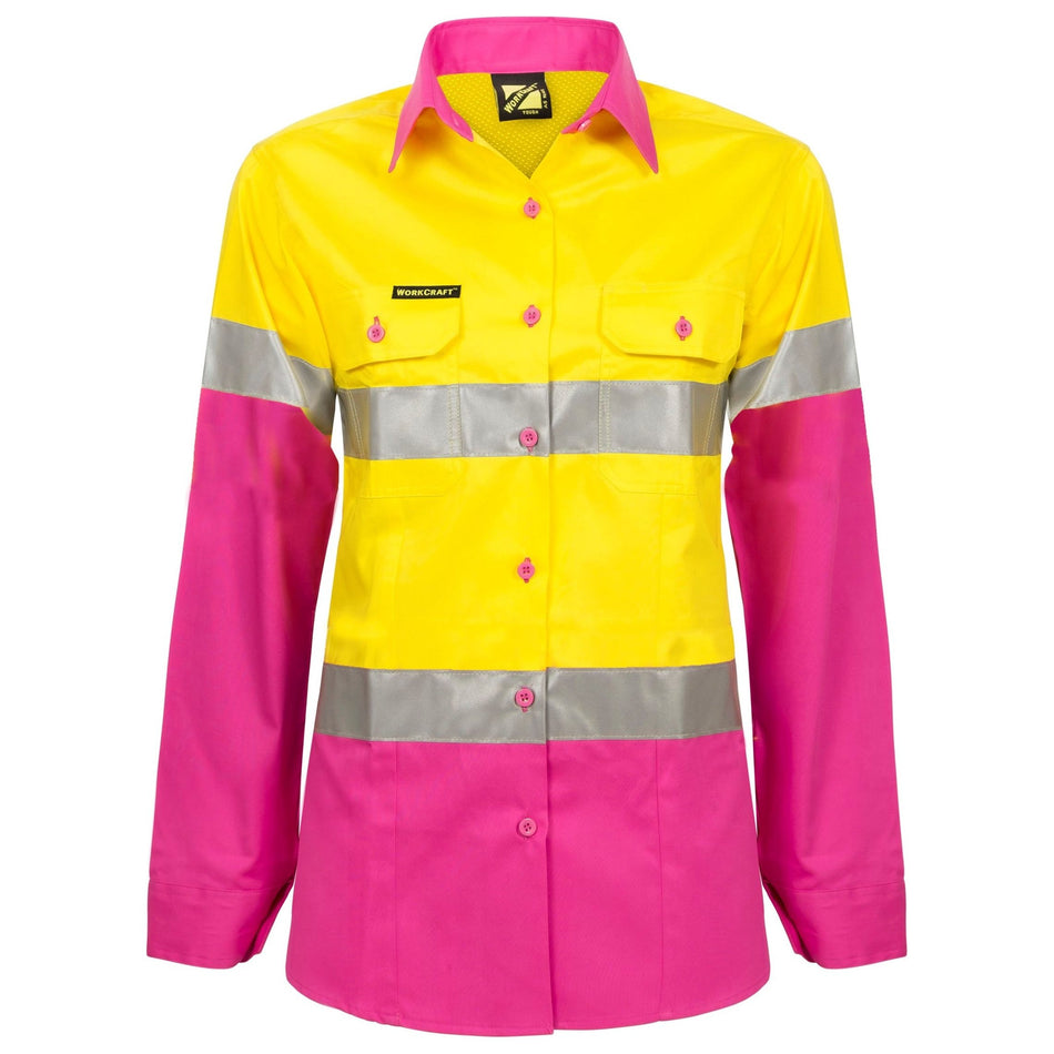 Workcraft Ladies Lightweight Hi Vis Long Sleeve Vented Reflective Cotton Drill Shirt With Tape (WSL501)