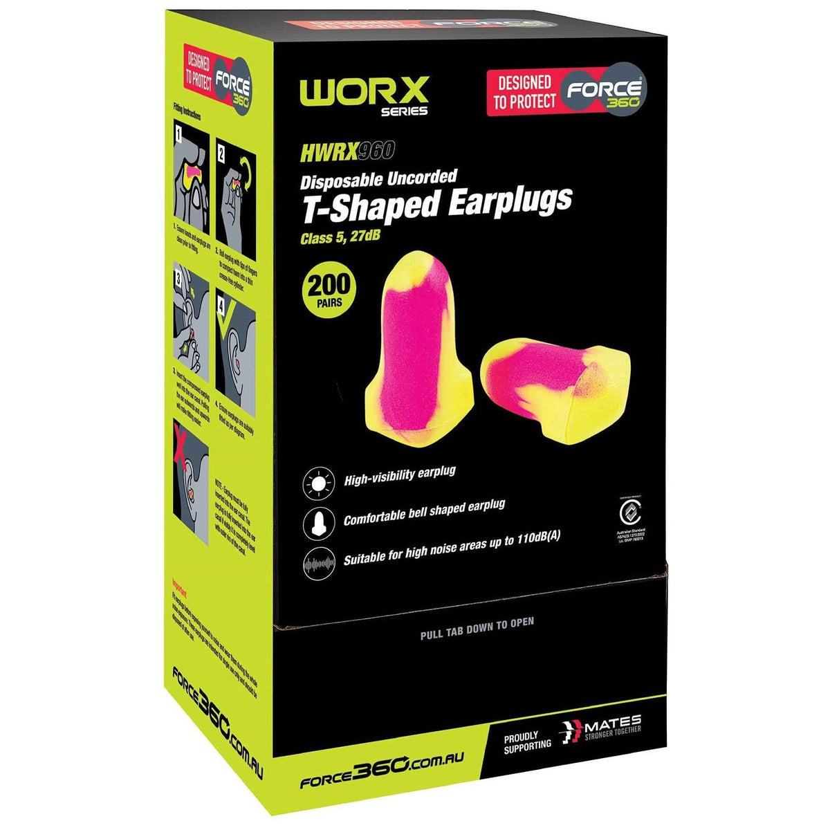 Force 360 T-Shaped Uncorded Disposable Earplug Class 5, 27dB (Box of 200) Disposable Earplugs Force 360 - Ace Workwear