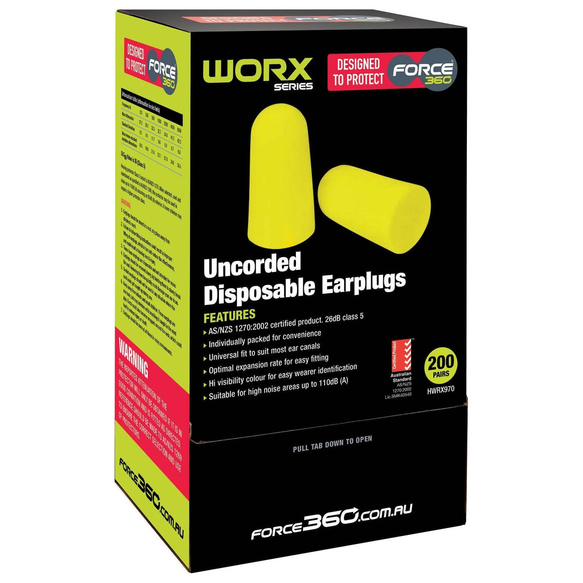 Force 360 Bulllet Shaped Uncorded Disposable Earplug Class 5, 27 dB (Box of 200) (HWRX970) Disposable Earplugs Force 360 - Ace Workwear