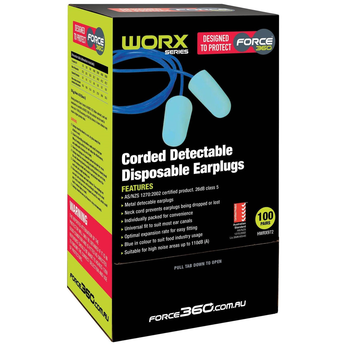 Force 360 FoodSafe Metal Detectable Corded Disposable Earplug Class 5, 26dB (Box of 100) (HWRX972 Disposable Earplugs Force 360 - Ace Workwear