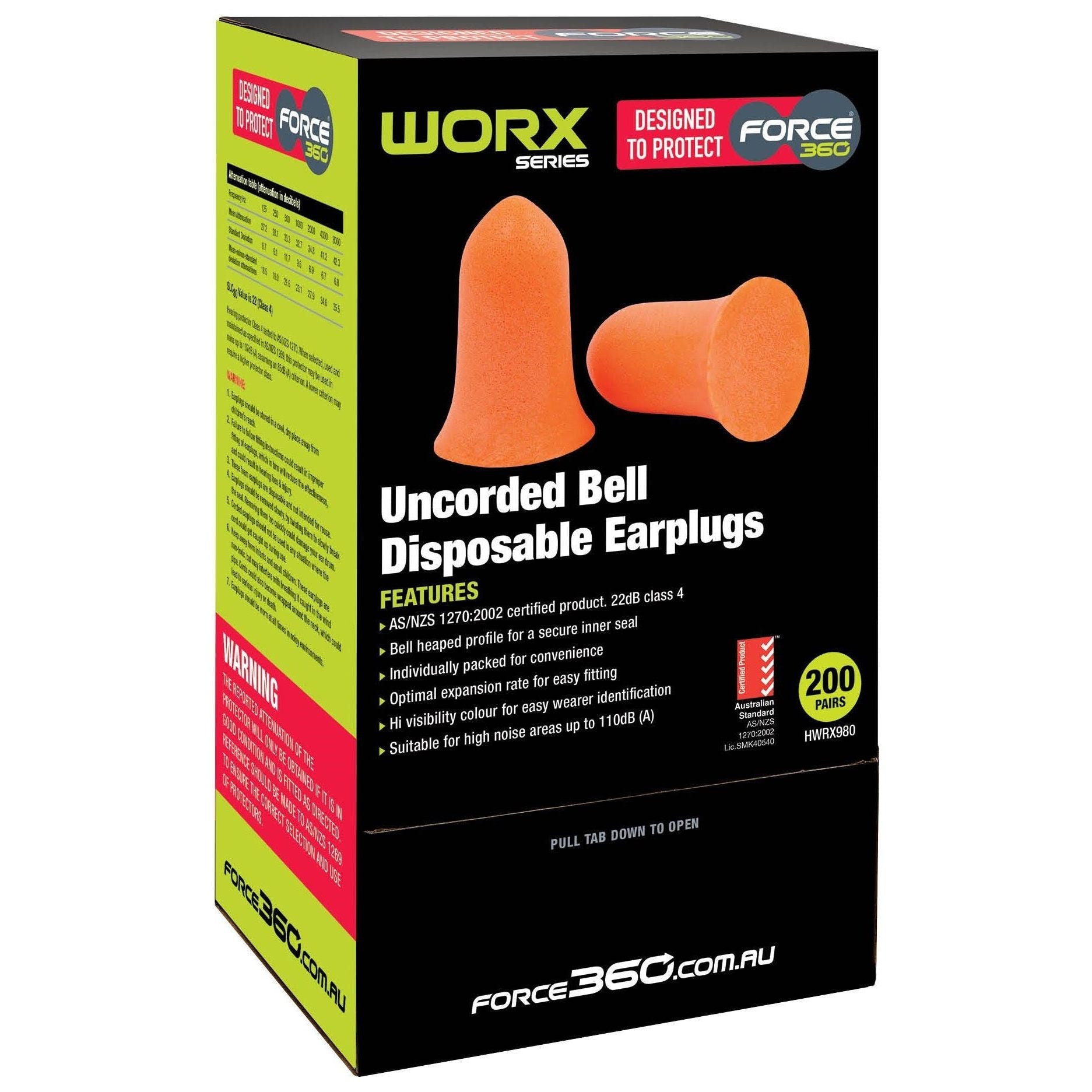 Force 360 Bell Shaped Uncorded Disposable Earplug Class 4, 22dB (Box of 200) (HWRX980) Disposable Earplugs Force 360 - Ace Workwear