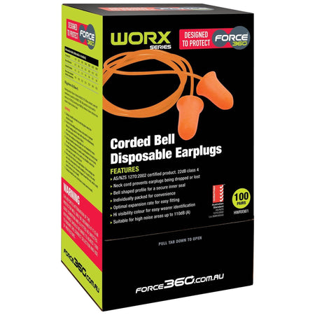 Force 360 Bell Shaped Corded Disposable Earplug Class 4, 22dB (Box of 100) (HWRX981) Disposable Earplugs Force 360 - Ace Workwear