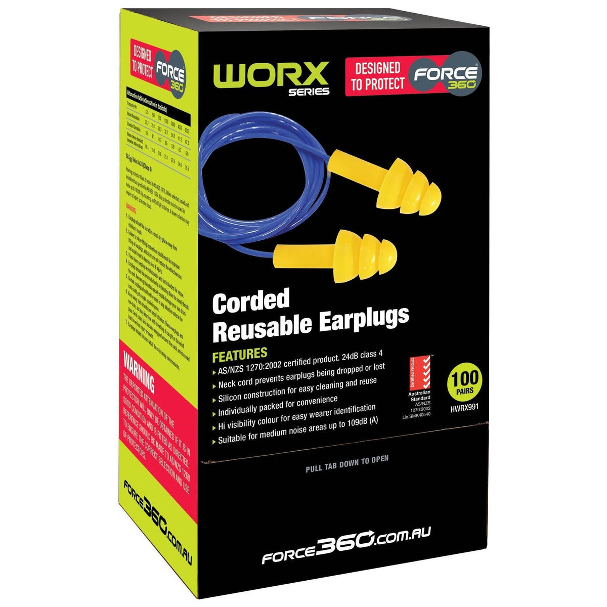 Force 360 Silicone Corded Reusable Earplug Class 4, 2dB (Box of 100) (HWRX991) Reusable Earplugs Force 360 - Ace Workwear