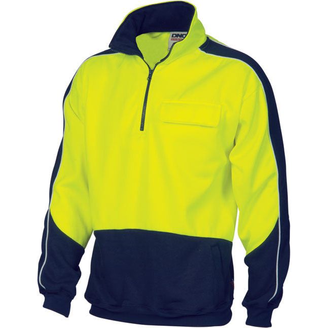 DNC Hi Vis 2 Tone 1/2 Zip Hi-Neck Panel Fleecy Windcheater (3823) Hi Vis Half Zip Jumpers DNC Workwear - Ace Workwear