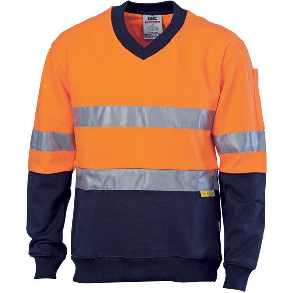 DNC Hi Vis Cotton Fleecy V-Neck Sweat Shirt with 3M Reflective Tape (3924) Hi Vis Jumpers DNC Workwear - Ace Workwear