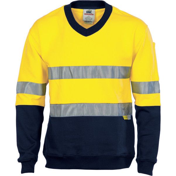 DNC Hi Vis Cotton Fleecy V-Neck Sweat Shirt with 3M Reflective Tape (3924) Hi Vis Jumpers DNC Workwear - Ace Workwear