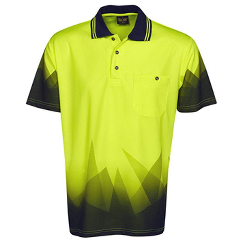 Hi Vis Polo Shirt Short Sleeve Triangular Design Sublimation Printed (P65) Hi Vis Polo With Designs Blue Whale - Ace Workwear