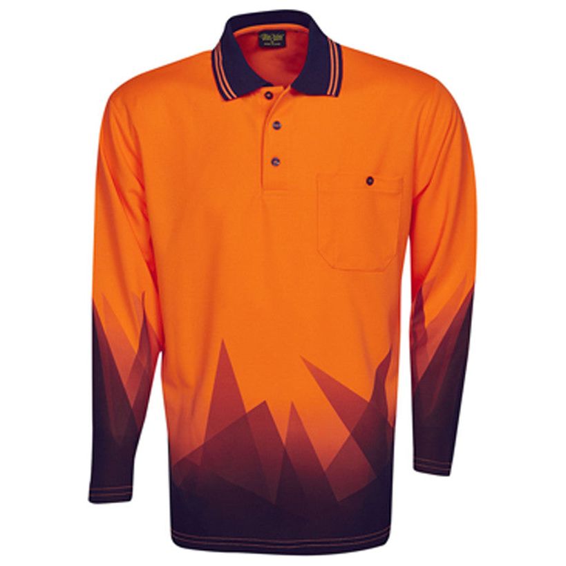 Hi Vis Polo Shirt Long Sleeve Triangular Design Sublimation Printed - Non Cuff (P68) Hi Vis Polo With Designs Blue Whale - Ace Workwear