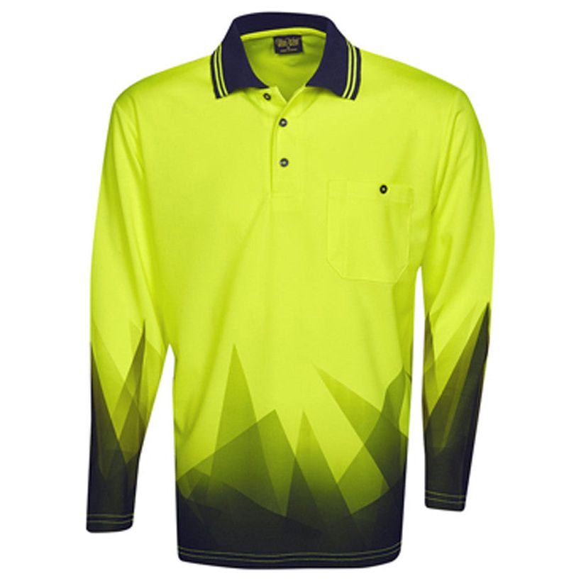 Hi Vis Polo Shirt Long Sleeve Triangular Design Sublimation Printed - Non Cuff (P68) Hi Vis Polo With Designs Blue Whale - Ace Workwear