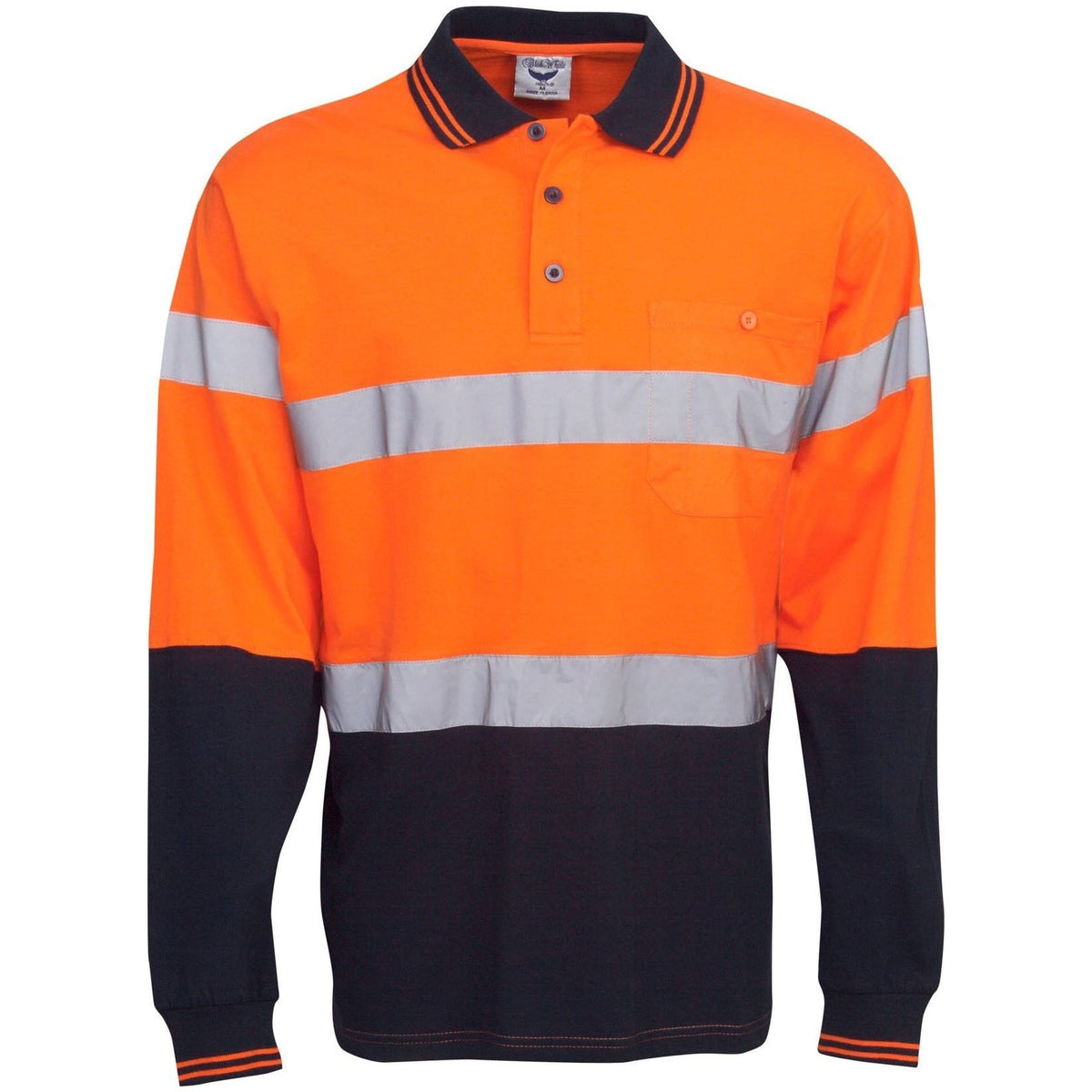 Hi Vis 100% Cotton Polo with Reflective Tape Long Sleeve (P95) Hi Vis Polo With Tape Blue Whale - Ace Workwear