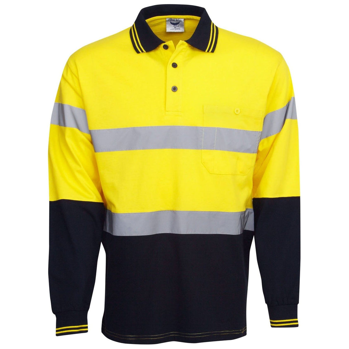 Hi Vis 100% Cotton Polo with Reflective Tape Long Sleeve (P95) Hi Vis Polo With Tape Blue Whale - Ace Workwear