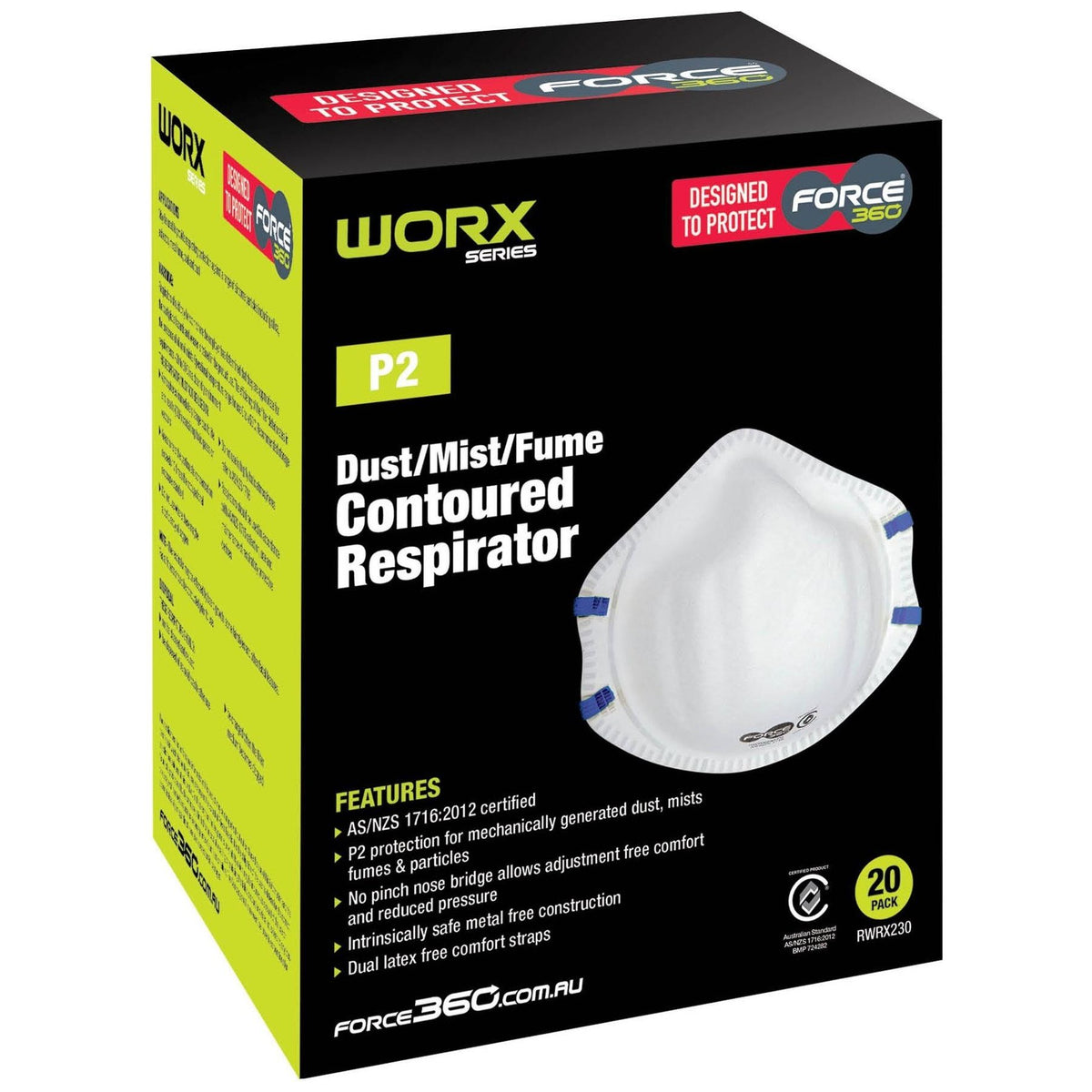 Force 360 P2 Contoured Disposable Respirator (Carton of 20 Boxes - 20Pcs/Box) (RWRX230) Disposable Respiratory Mask Force 360 - Ace Workwear