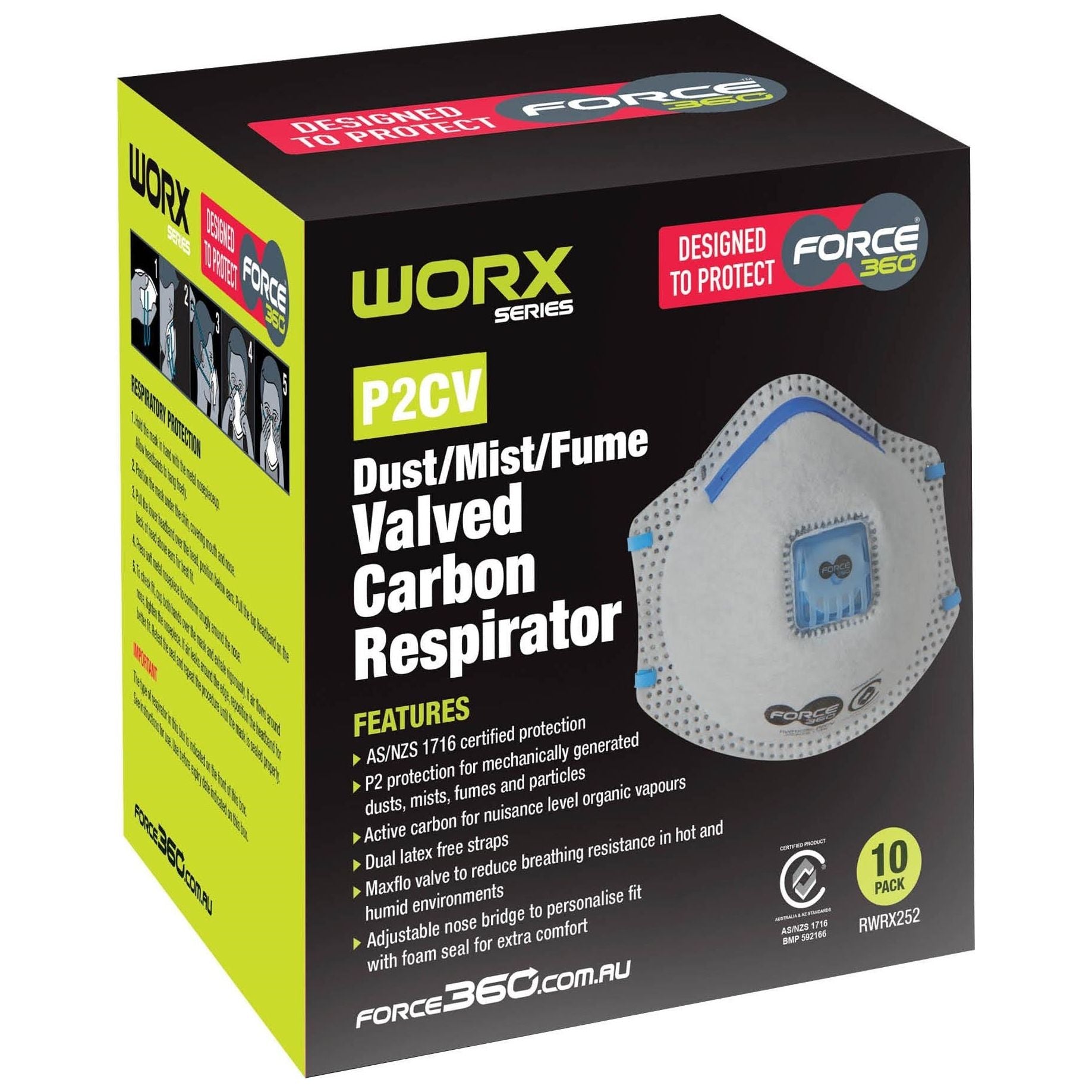 Force 360 Active Carbon Disposable Respirator (Carton of 24 Boxes - 10Pcs/Box) (RWRX252) Disposable Respiratory Mask Force 360 - Ace Workwear