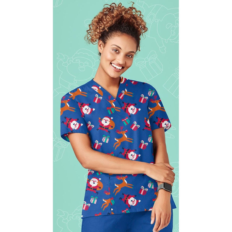 Biz Care Womens Christmas V-Neck Short Sleeve Scrub Top (CST346LS)